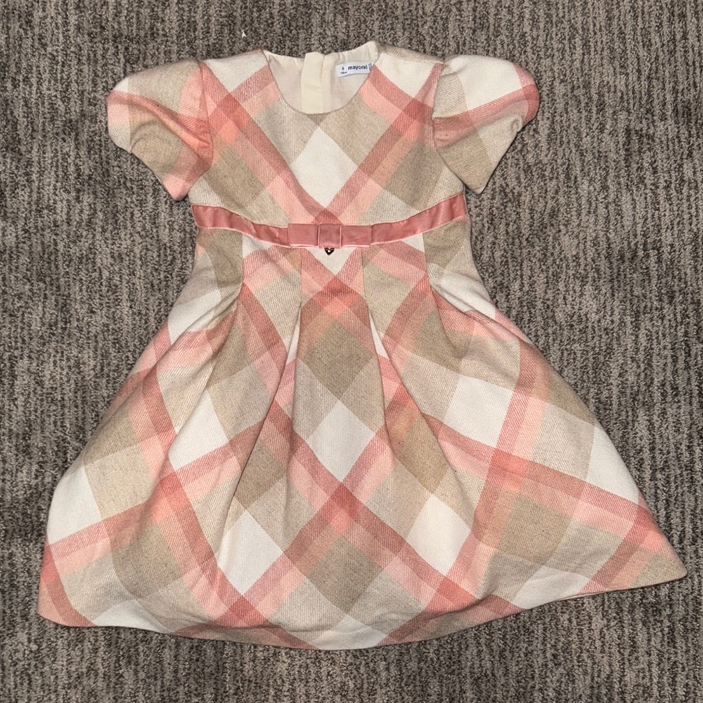Mayoral Pink Cream and Tan Plaid Puff-Sleeve Dress